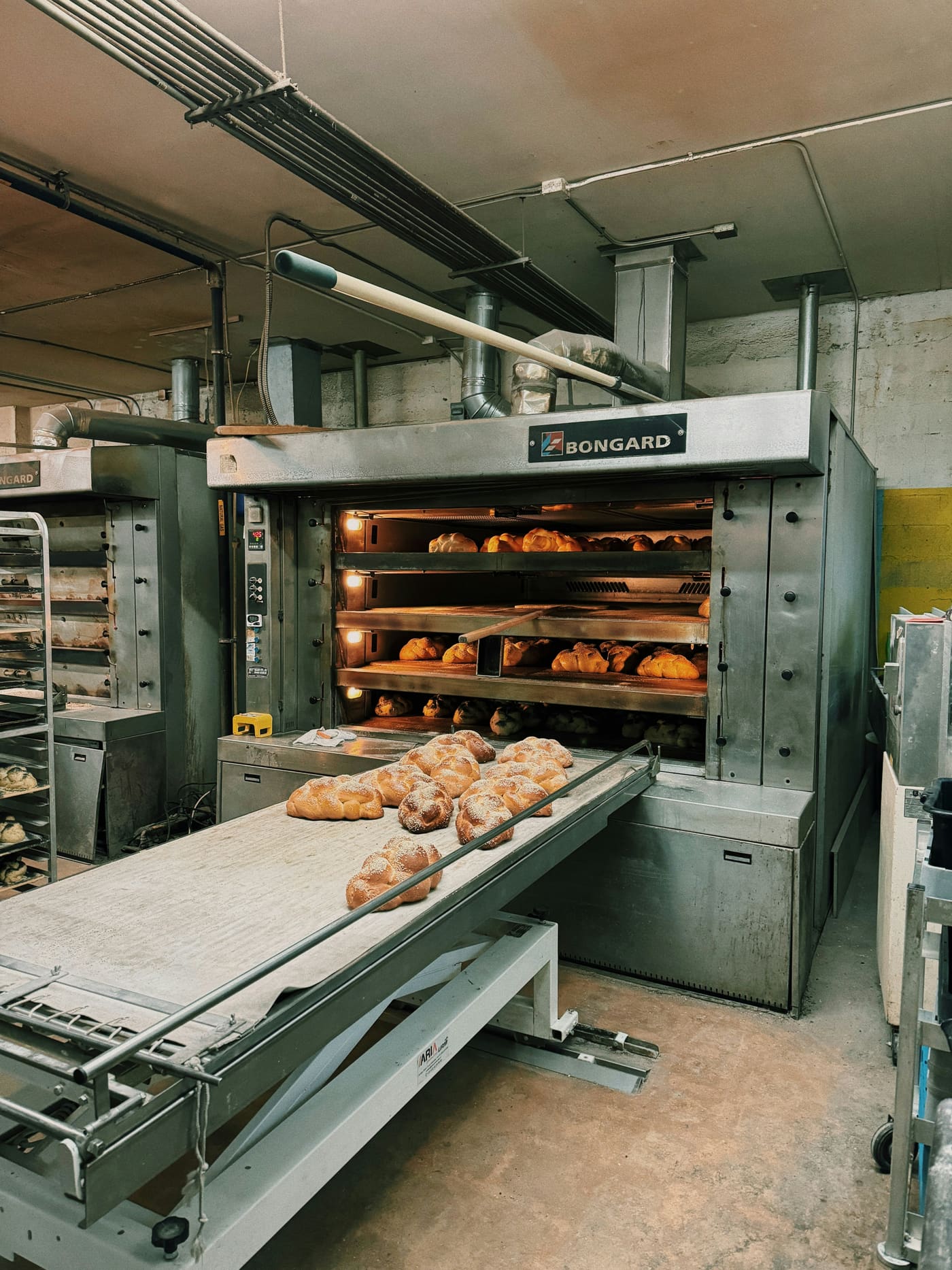 bread coming out of a bakery oven